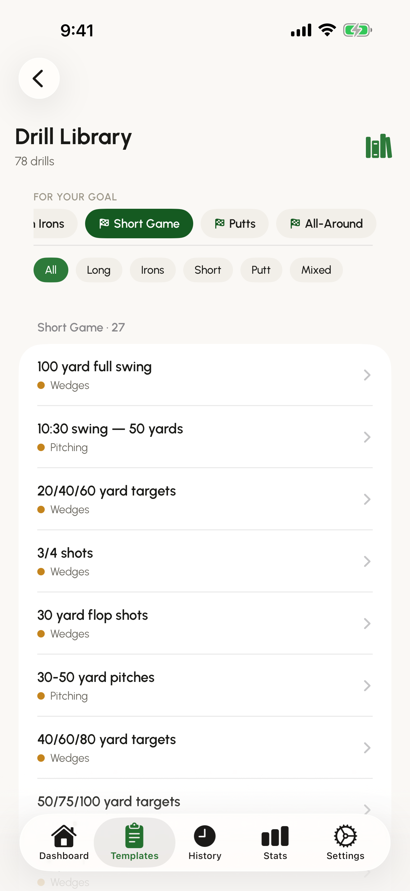 Range Reps drill library showing 78 drills filtered to the Short Game goal, with goal and focus-area filter chips.