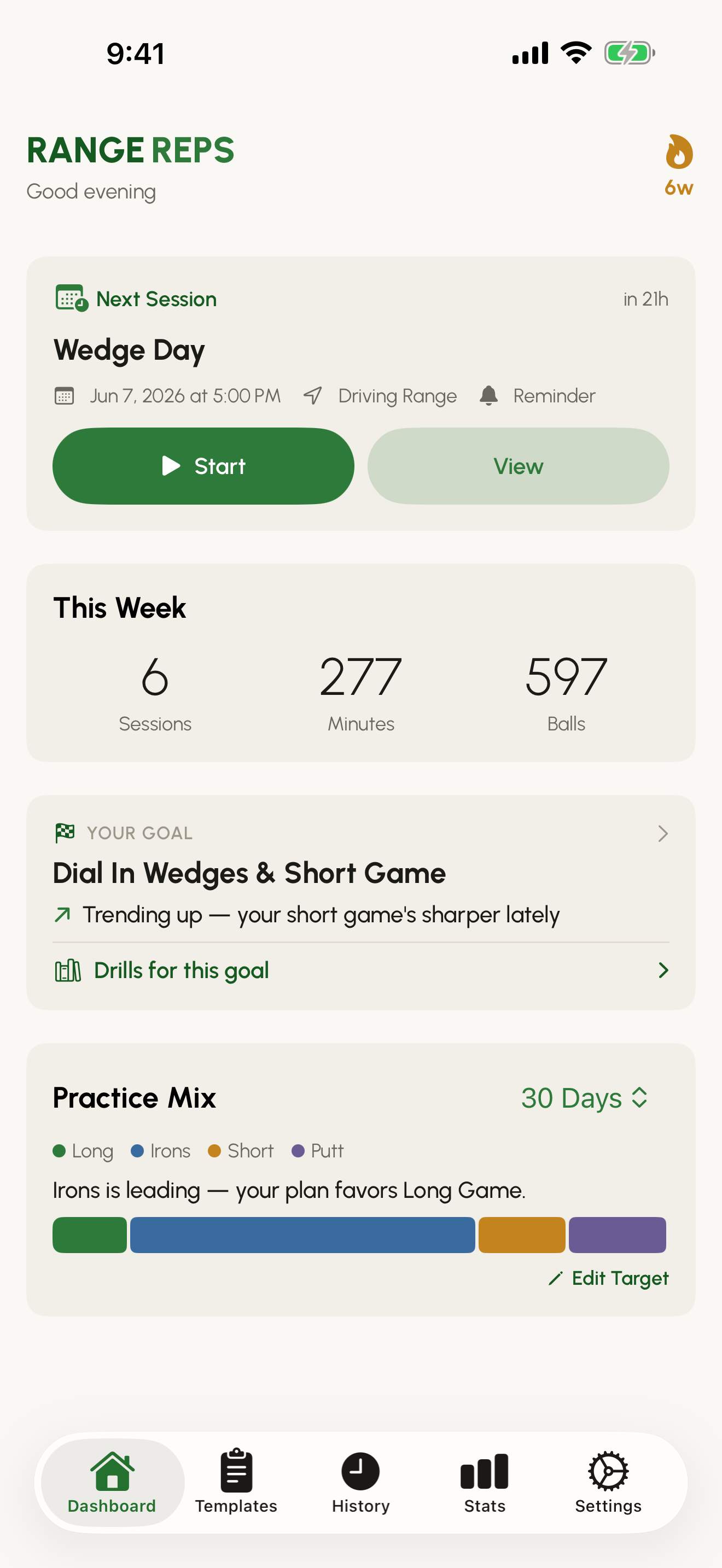 Range Reps dashboard showing the next scheduled session, weekly totals, a focus goal trending up, and the Practice Mix bar.