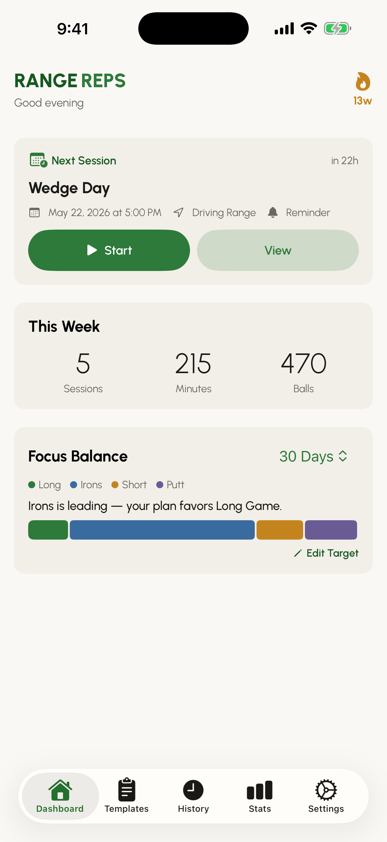 Range Reps dashboard showing this week's sessions, the Focus Balance bar, and the next scheduled practice.