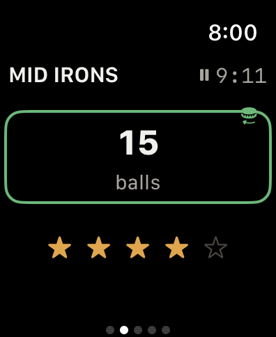Range Reps on Apple Watch showing a Mid Irons block at 15 balls with the block clock running and a four-star rating.